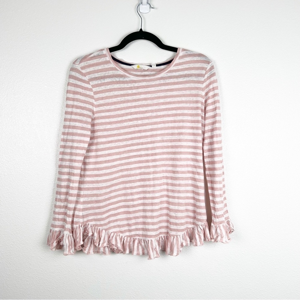Boden Pink Striped Linen Jersey Ruffle Hem‎ Long Sleeve Top Womens Size 6